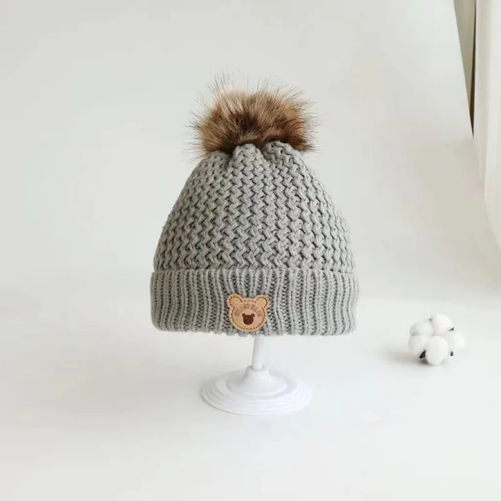 Knitted Teddy Bear Hat,Grey