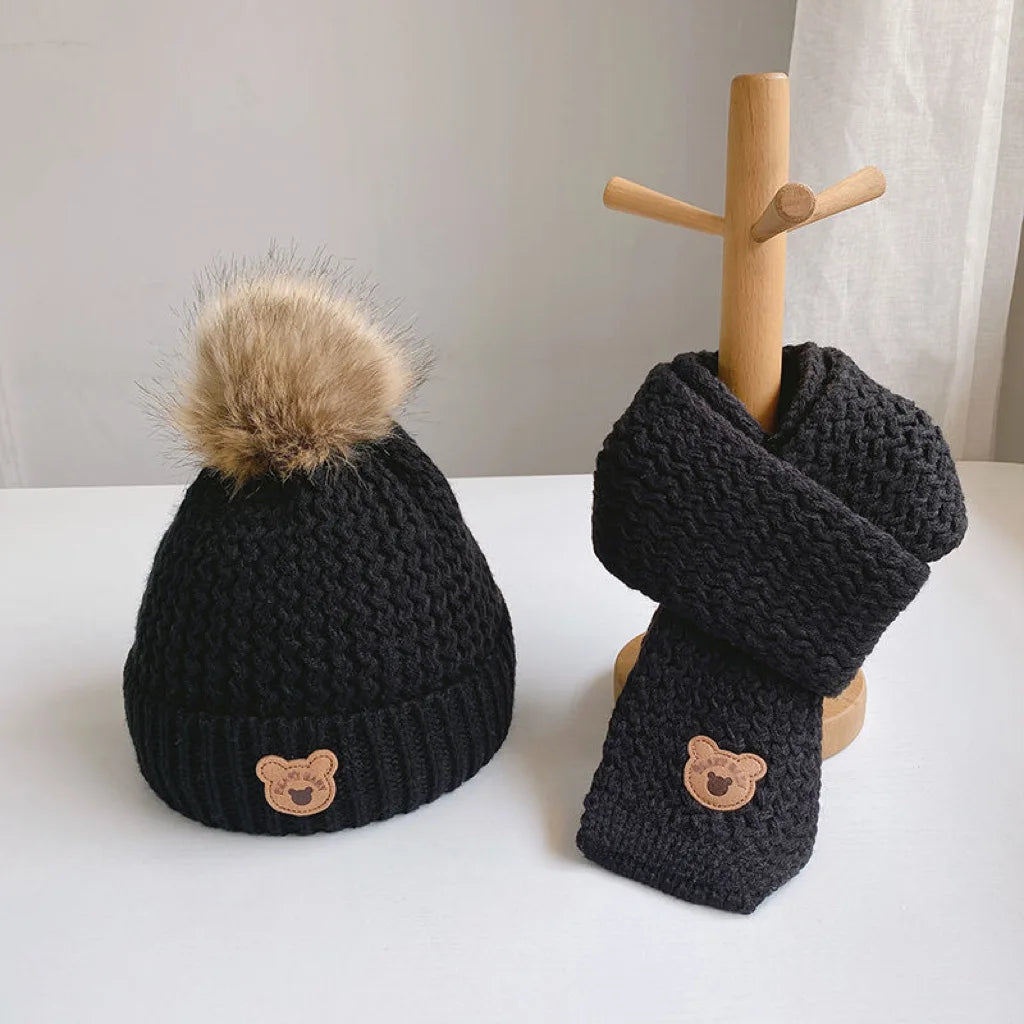 Knitted Teddy Bear Hat and Scarf Set, 2pcs Black Set