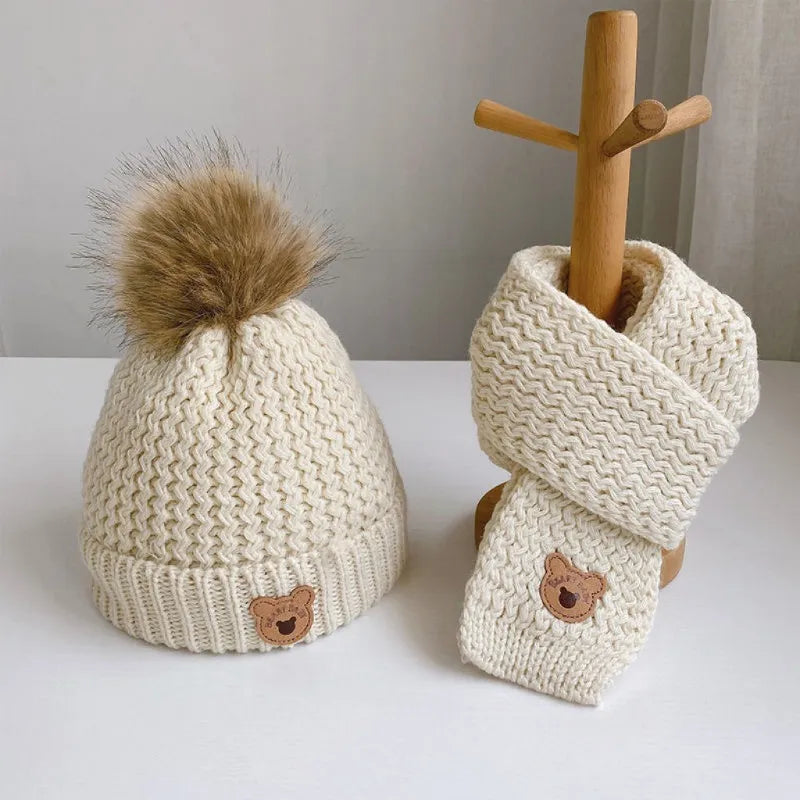 Knitted Teddy Bear Hat and Scarf Set, 2pcs Beige Set