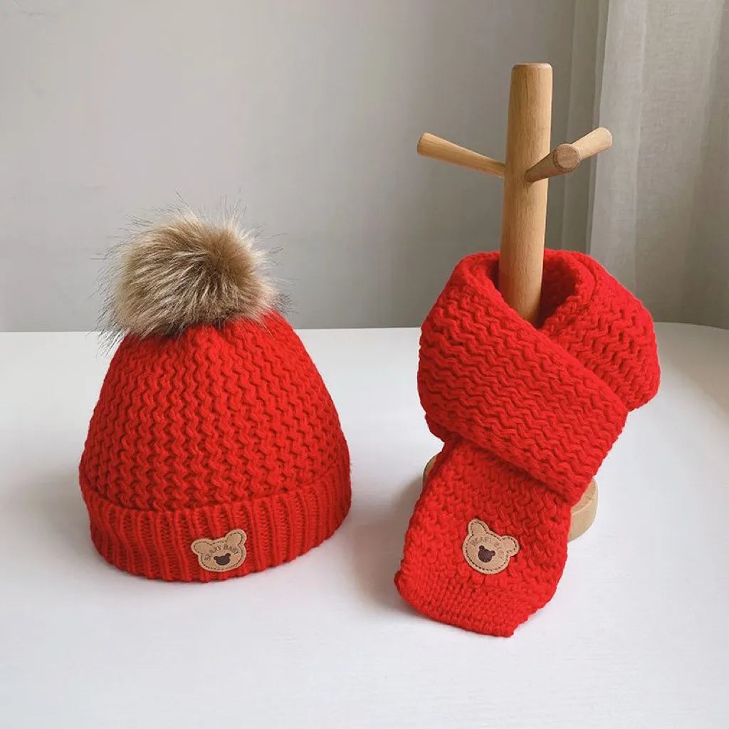 Knitted Teddy Bear Hat and Scarf Set,2pcs Red set