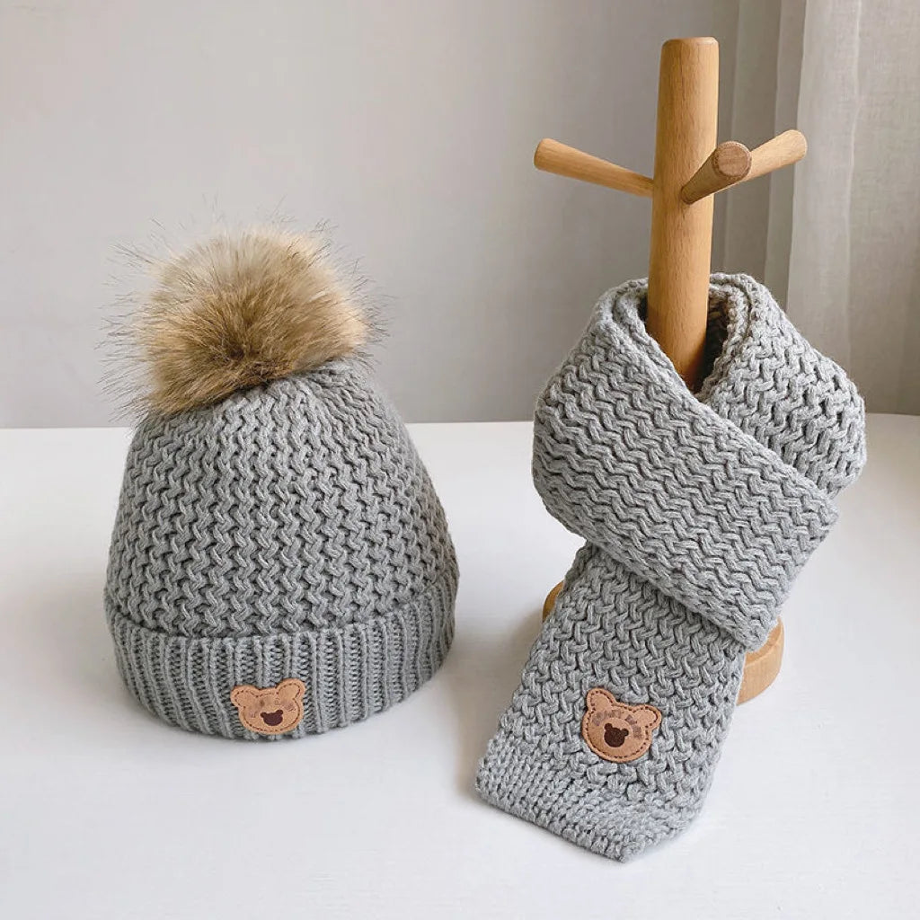 Knitted Teddy Bear Hat and scarf set, Grey