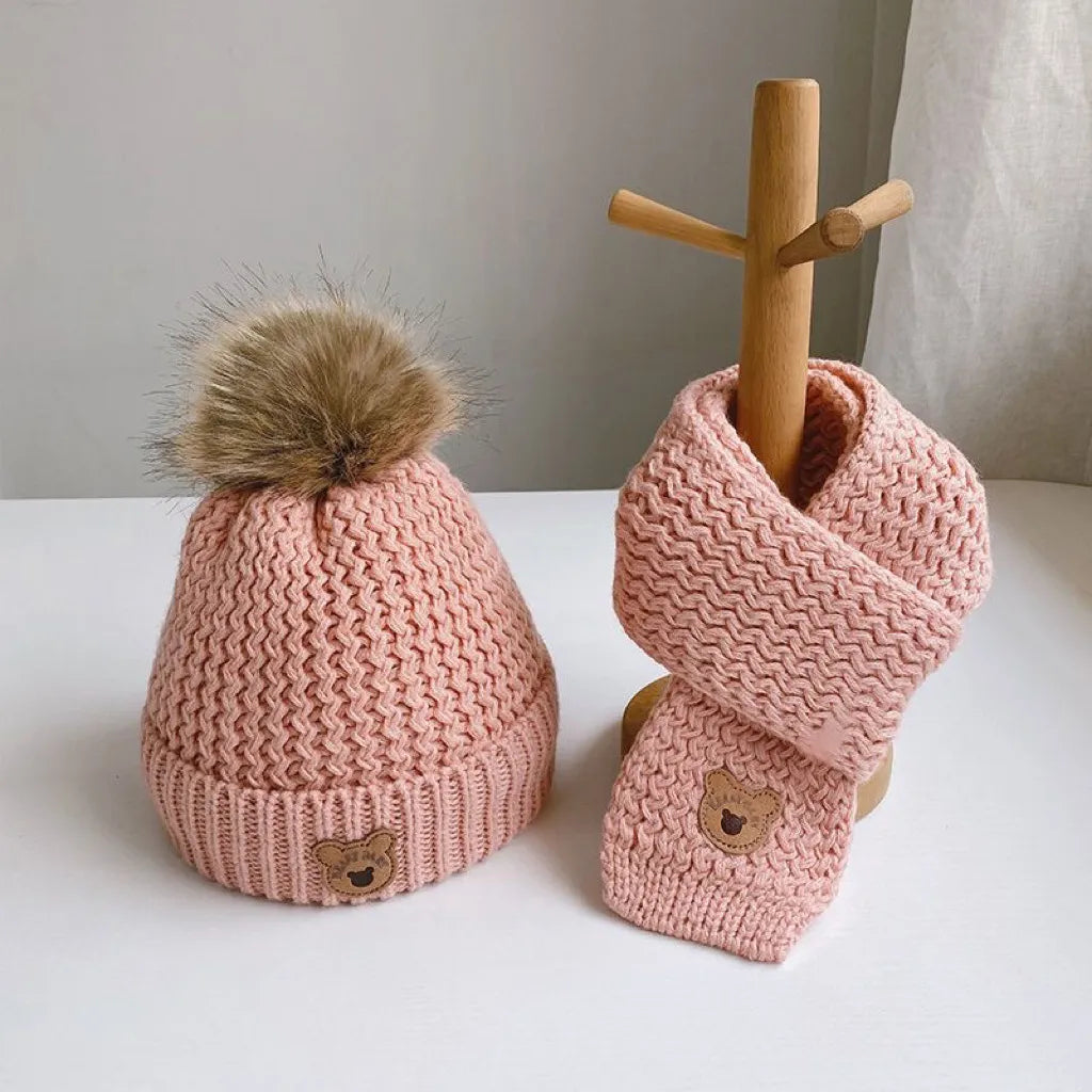 Knitted Teddy Bear Hat and Scarf Set,2pcs Pink Set
